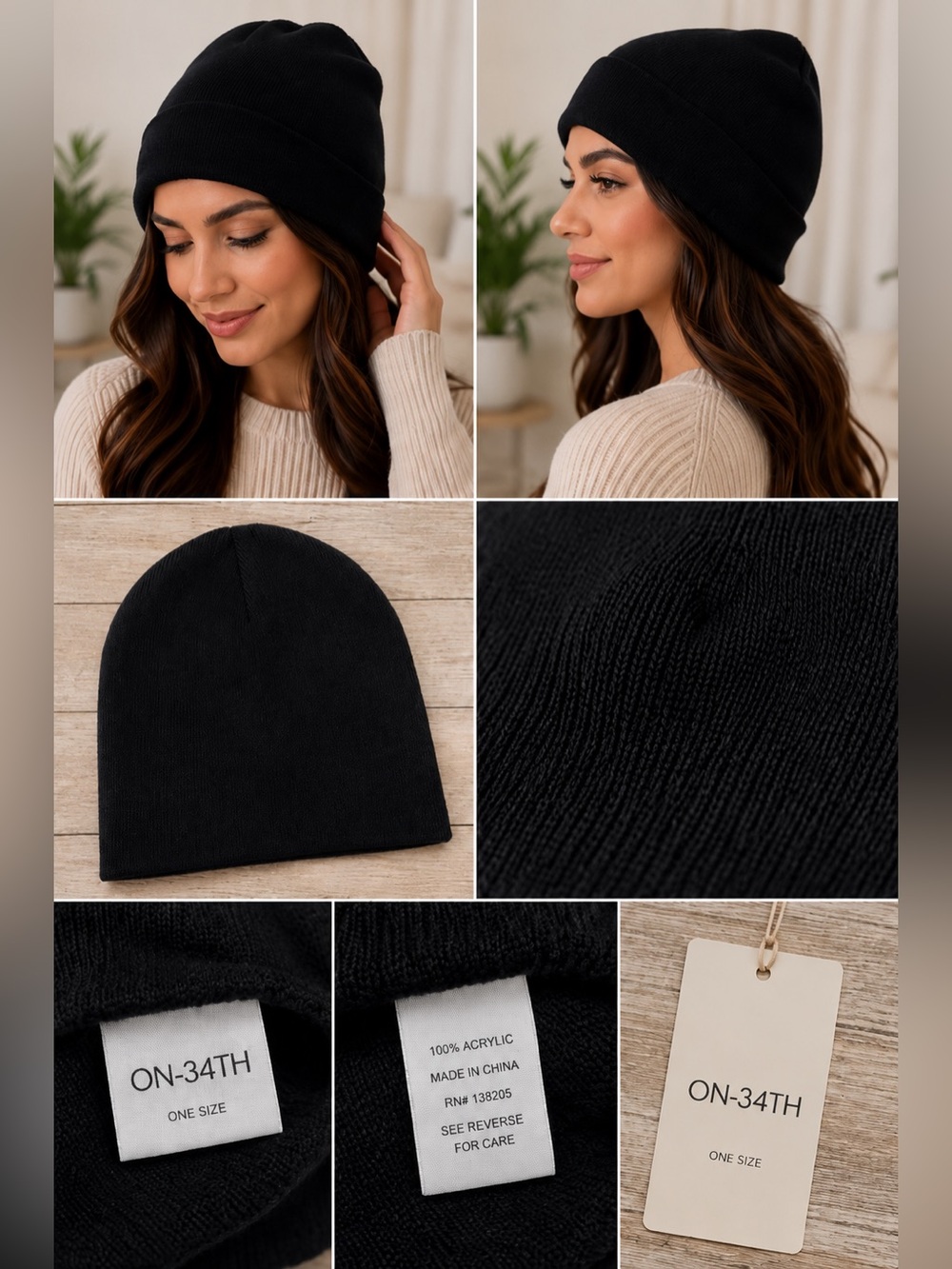 ON-34TH Classic Black Knit Beanie NEW‎ O/S